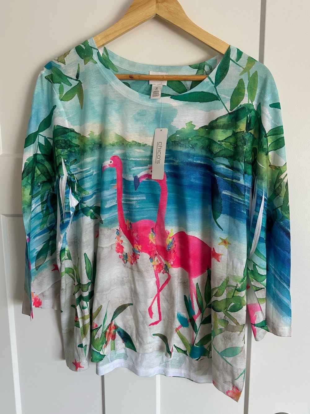 NWT Chico's  Flamingo Print Long Sleeve Top